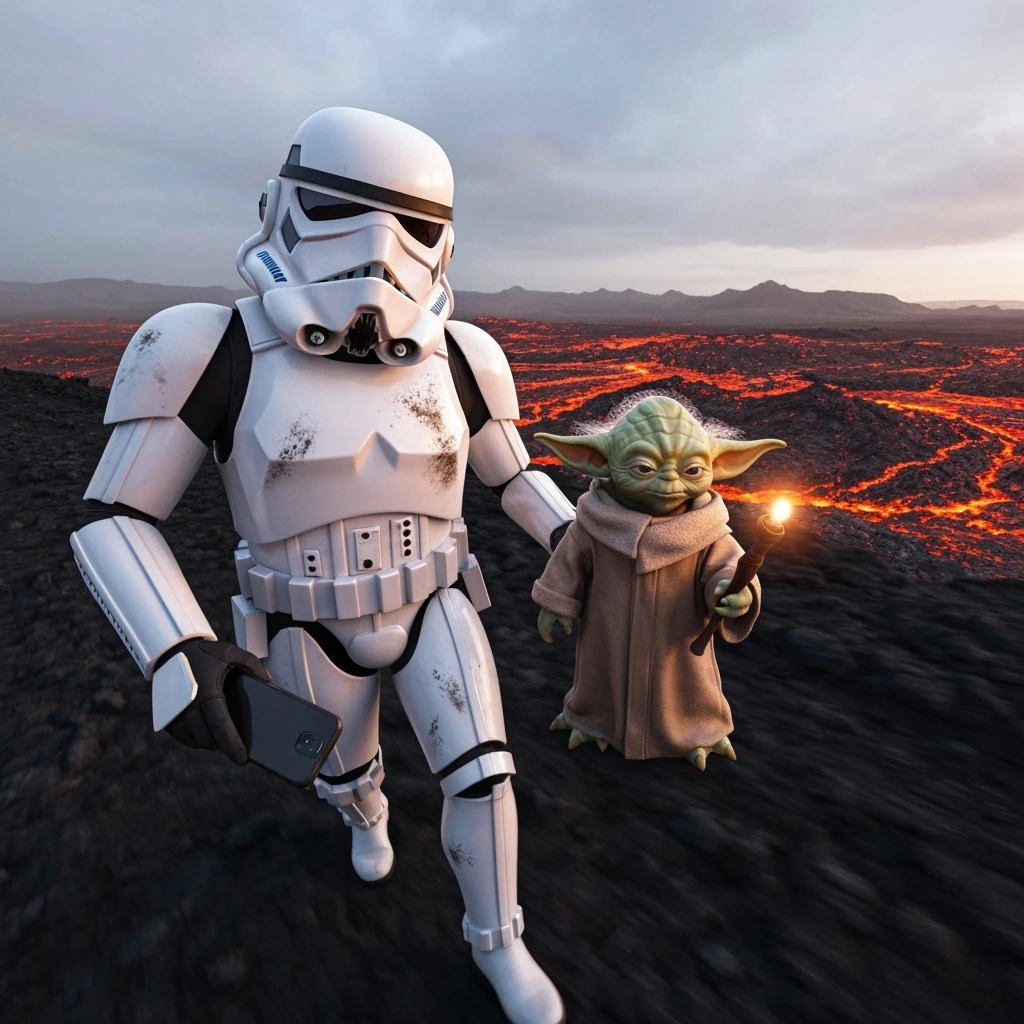 Camera POV, Starwars stormtroopers vlogging selfie, he is walking on lava planet with yoda emoji