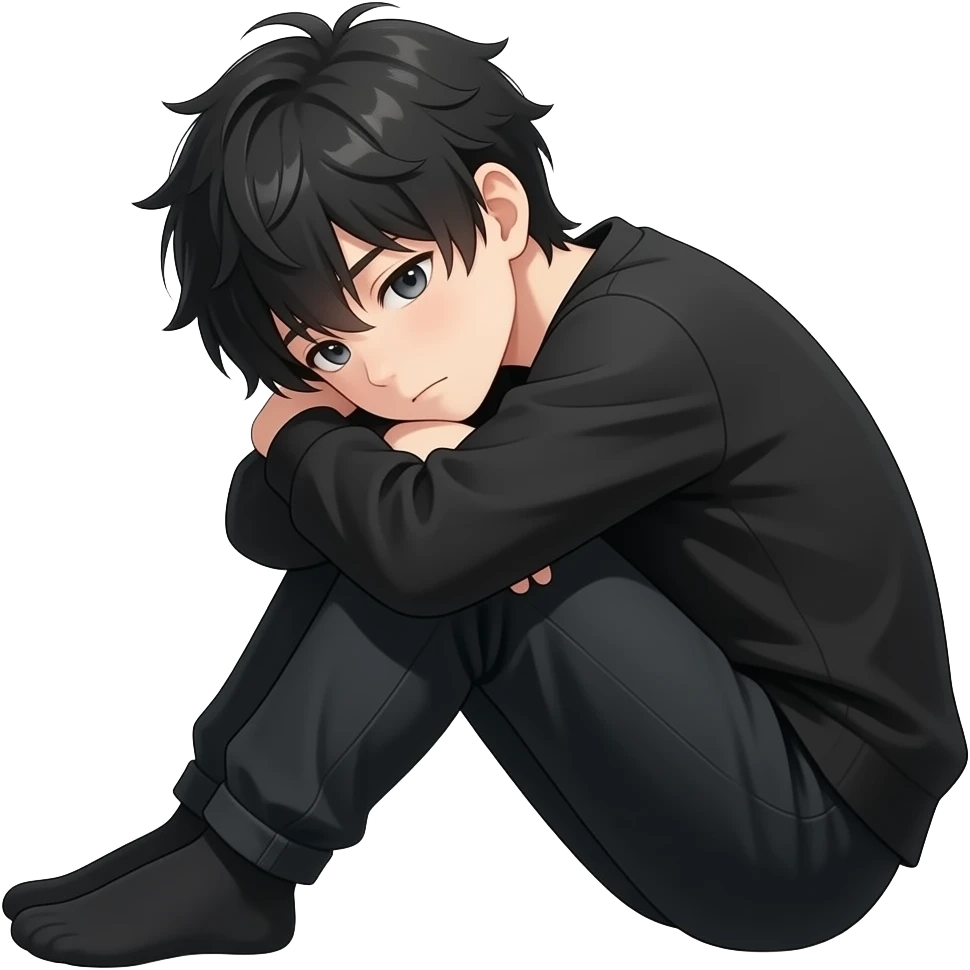 lonely anime boy in black clothes curled up emoji