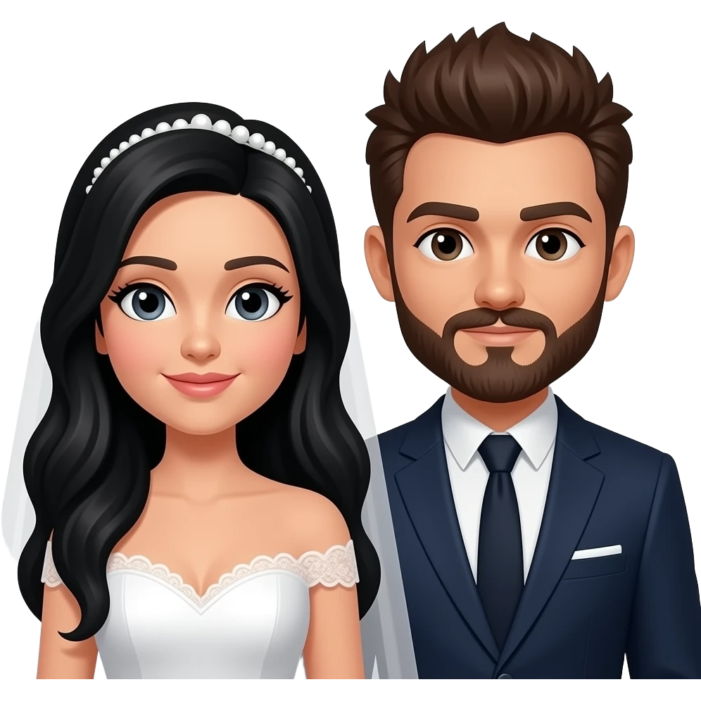 Girl with really long black hair guy with brown short spikey hair and a beard and mustache bride and groom emoji