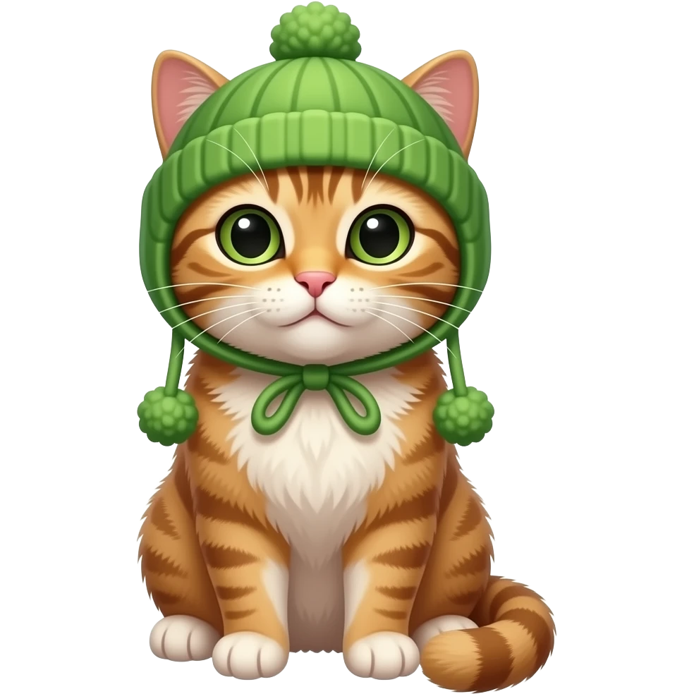 cat sitting pose front view wear green hat emoji