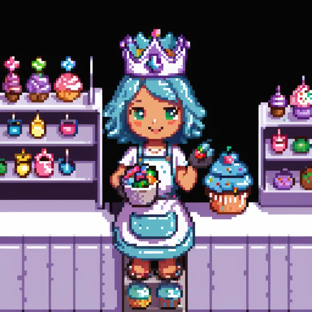 A playful baker in a pastel-pink candy lab. Walls of bubblegum bricks, frosting-covered counters, and a cupcake-shaped oven. The baker wears a gummy bear-studded apron, marshmallow gloves, and a rock candy crown. UI elements look like melting lollipops, candy cane sliders, and syrupy transitions. emoji