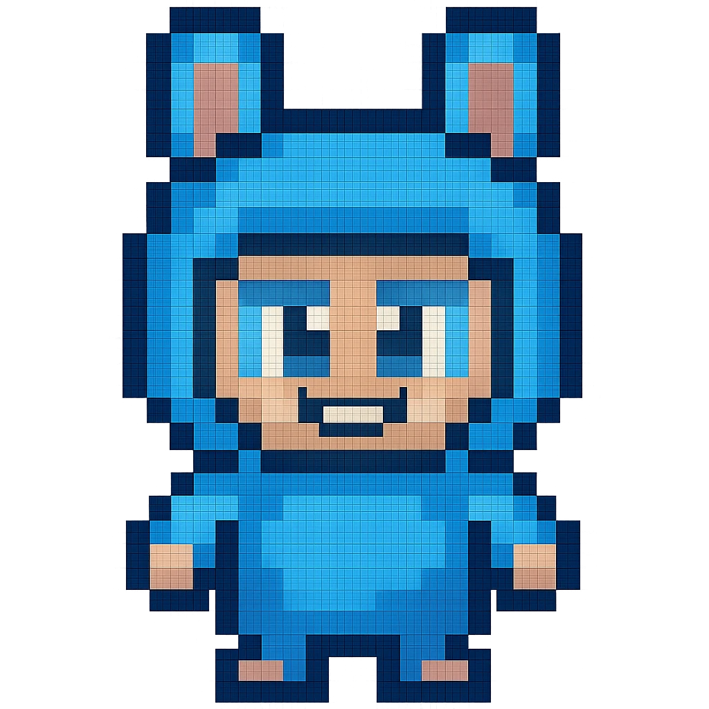 Extract and isolate the small character in the blue bunny suit from the image, placing them on a transparent background, keeping the original Minecraft cartoon style and appearance. emoji