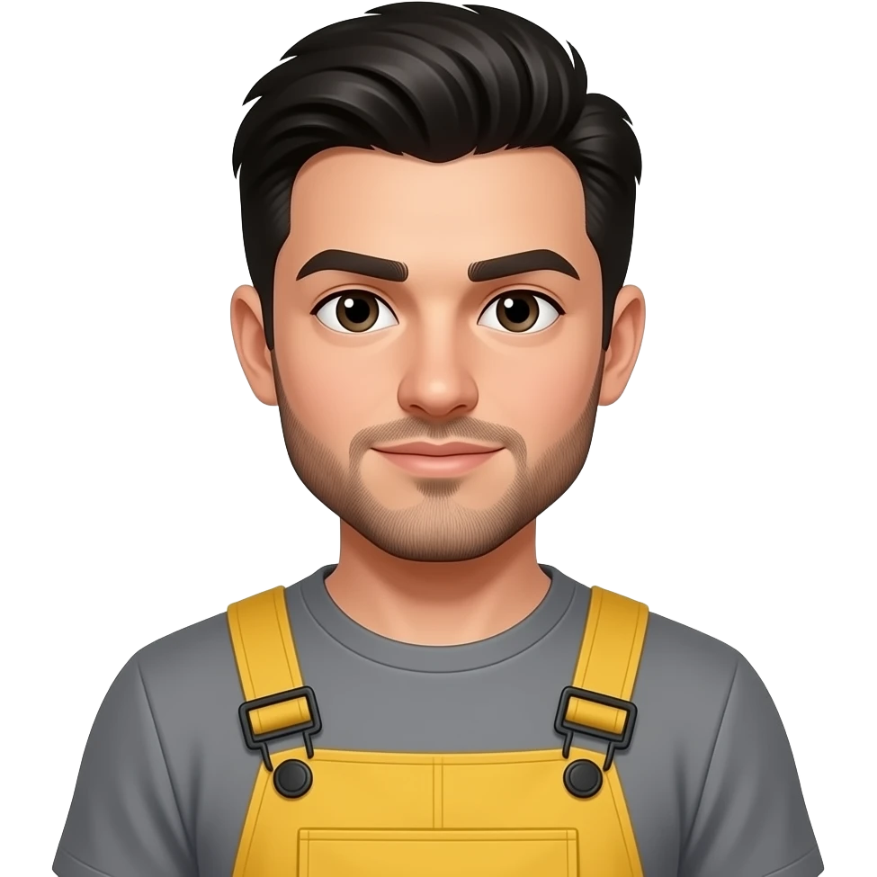 young adult man with light skin, short beard, black short brushed back hair, dark eyes, smug expression, yellow coveralls  emoji