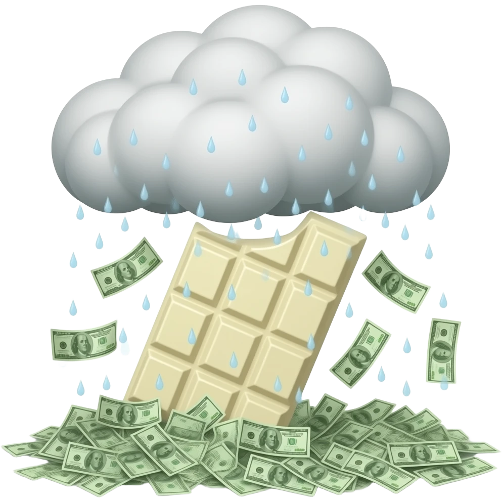 Tableta de chocolate blanco que le caen en forma de lluvia billetes emoji