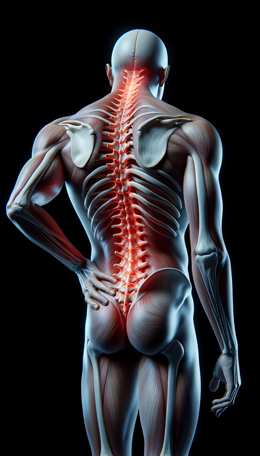corpo umano anatomico di spalle e fisico storto, spina dorsale in evidenza, dolore alla schiena su un lato, iperrealistico 4k emoji