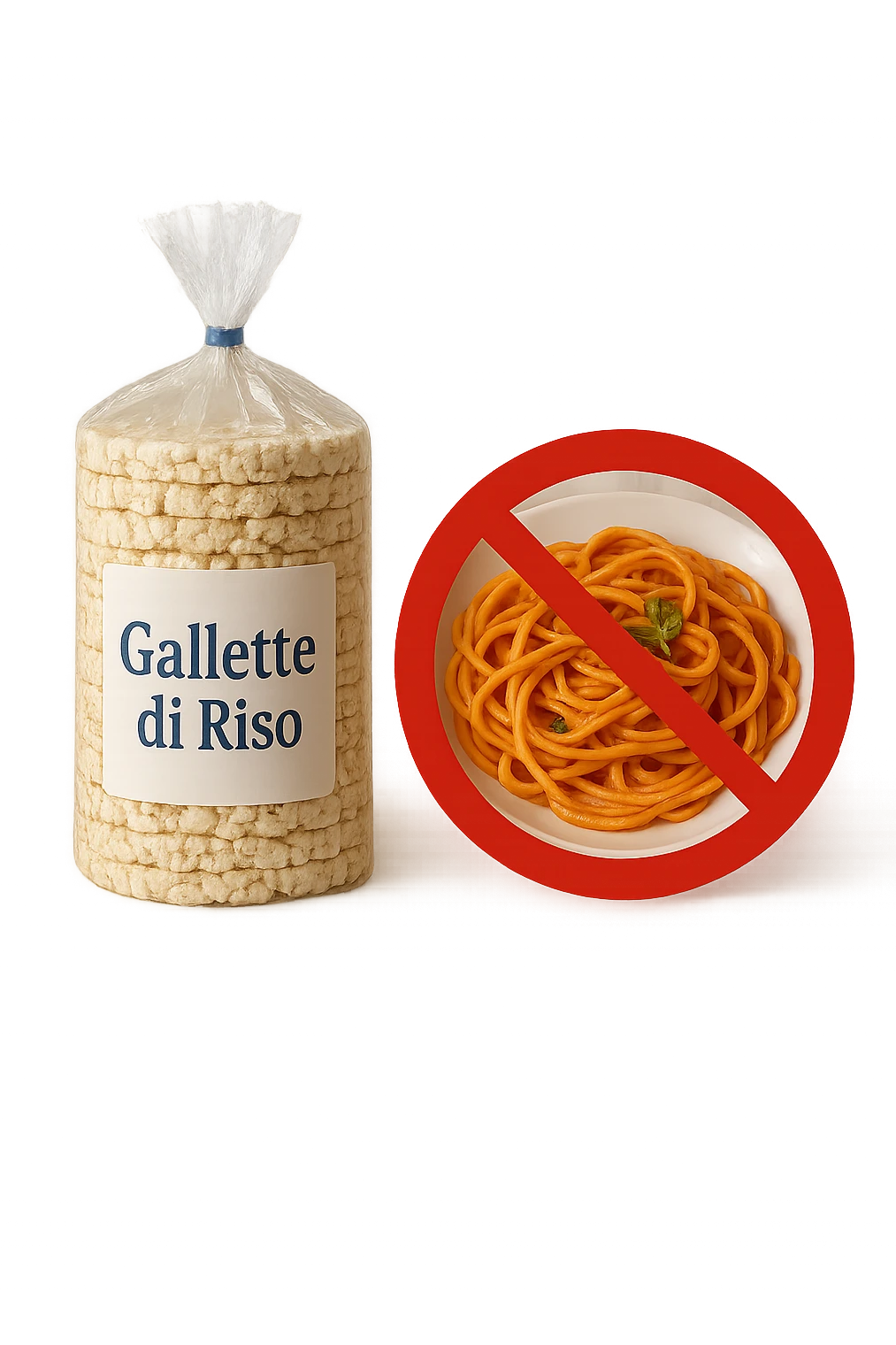 confezione di gallette di riso con accanto un piatto di pasta con divieto sopra, in italiano,  realistici emoji
