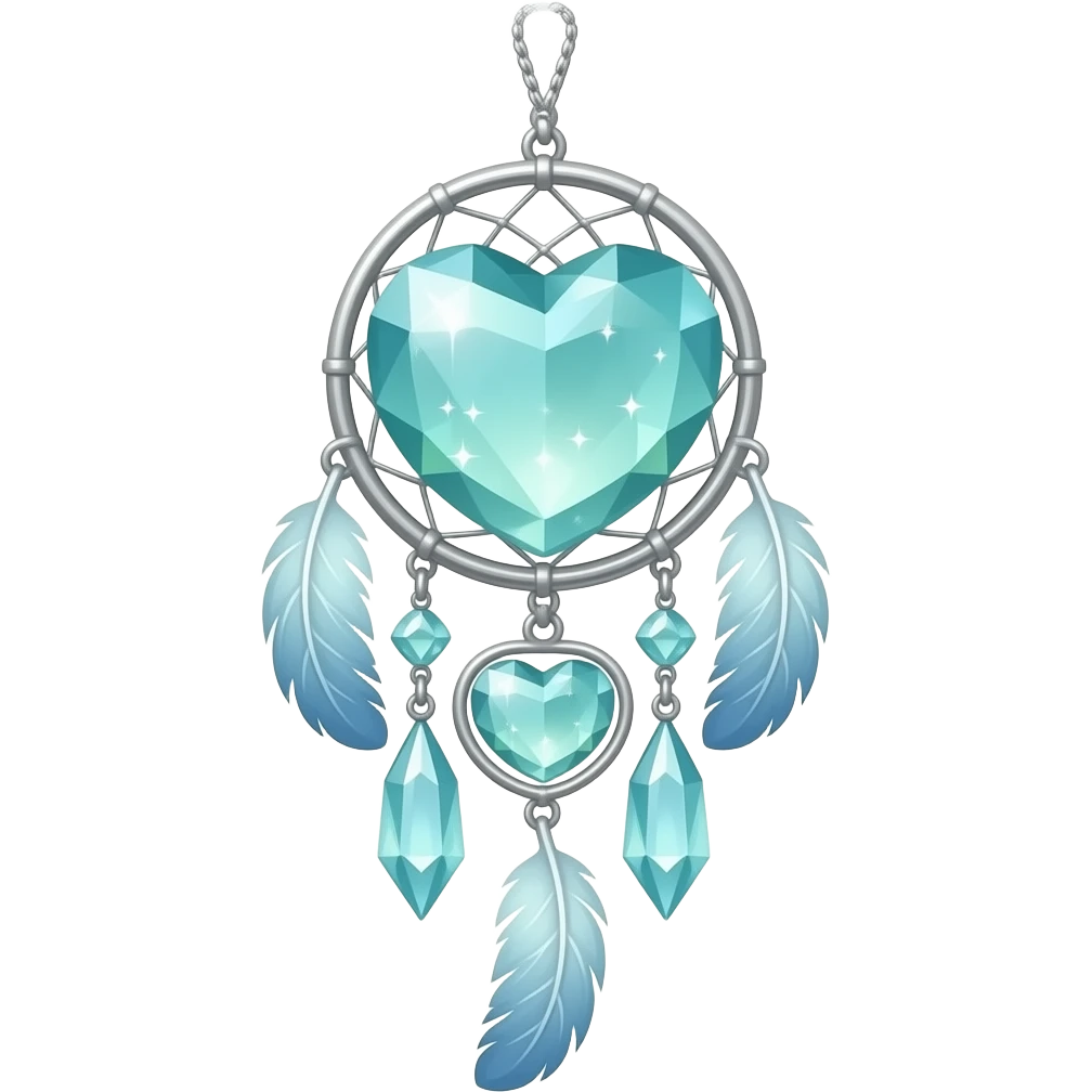 Blue-lime-greenish and silver cold-cool-colored romantic lush beautiful pretty hanging crystal-catcher aesthetic with hearts and sparkles and feathers emoji