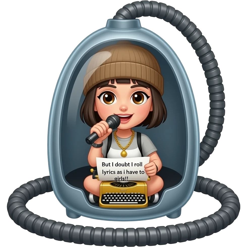 A vacuum sits in a dusty basement. Inside it's body is a tomgirl with short boyish hair, a beanie, and brown eyes rapping and wearing a golden stenography machine as a necklace. On her paper are the lyrics: "But I doubt I roll lyrics as I have to girls!!"
 emoji