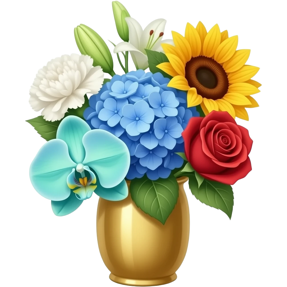 a bunch of flowers in a gold vase with a teal orchid, a white carnation, a blue hydrangea, a red rose, a sunflower and a lily emoji