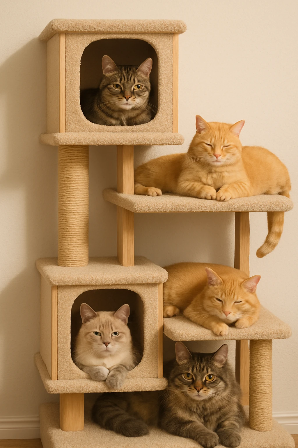 cats relaxing in a vertical playhouse emoji