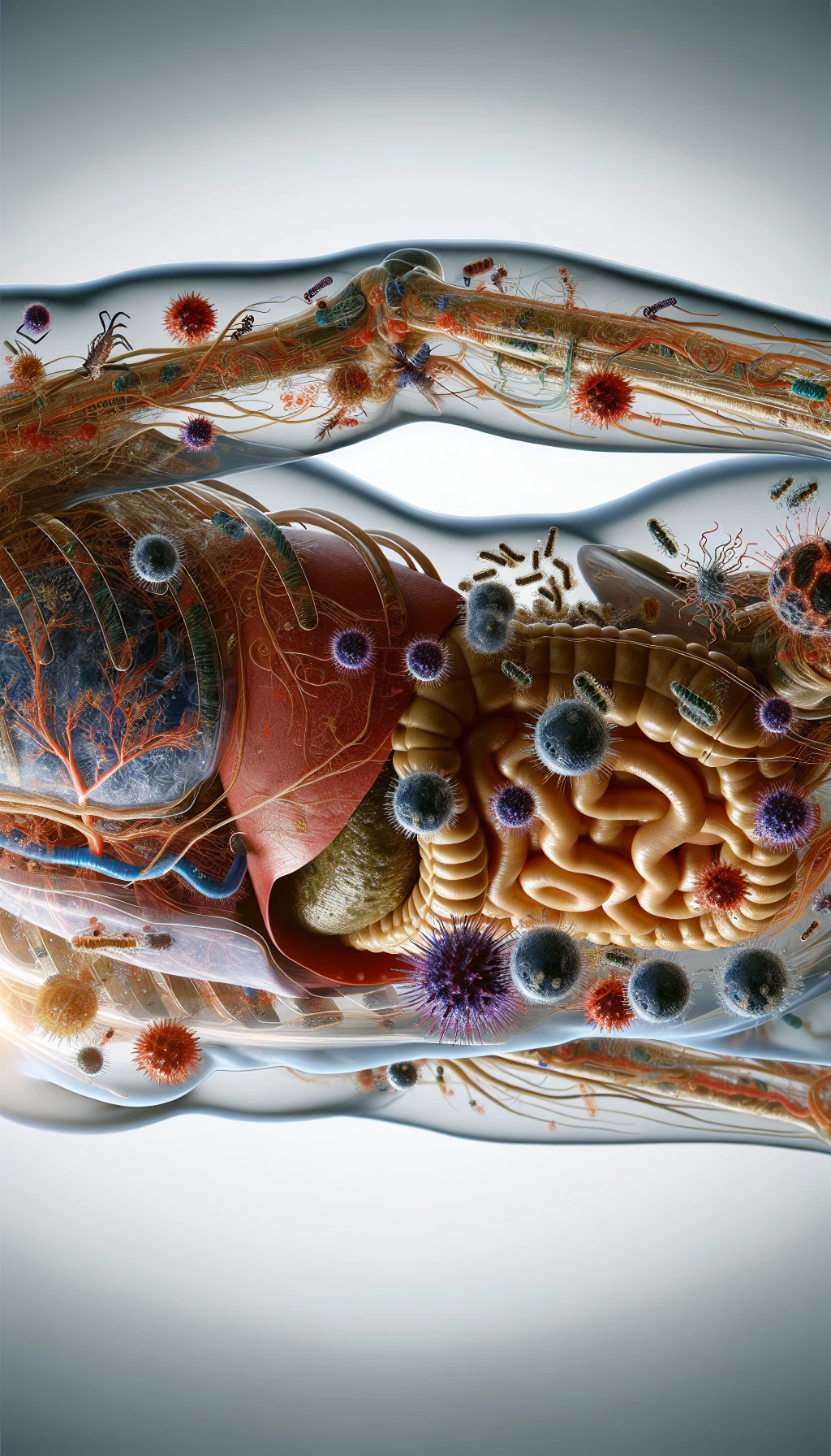 corpo umano anatomico di profilo con virus e parassiti che cercano di attaccarlo , isolato su sfondo bianco, iperrealistico 4k emoji
