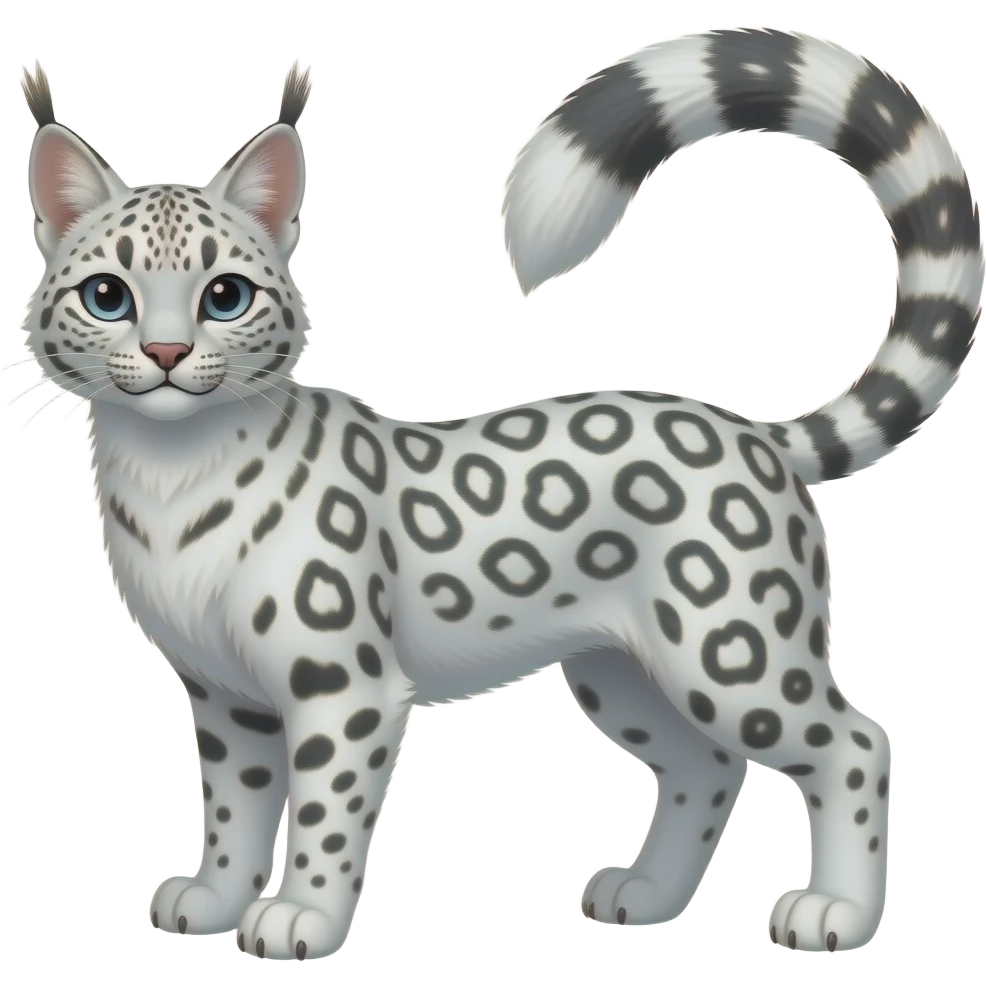 White serval-Manx-caracal-snow-leopard-fantasy-hybrid-animal with long thin tufted tail emoji