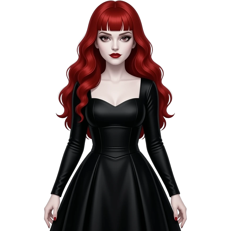 Vampiro femmina con pelle bianca capelli lunghi  rossi ondulati e la frangetta che indossa un abito stretto in vita e largo sotto lungo nero con maniche lunghe emoji