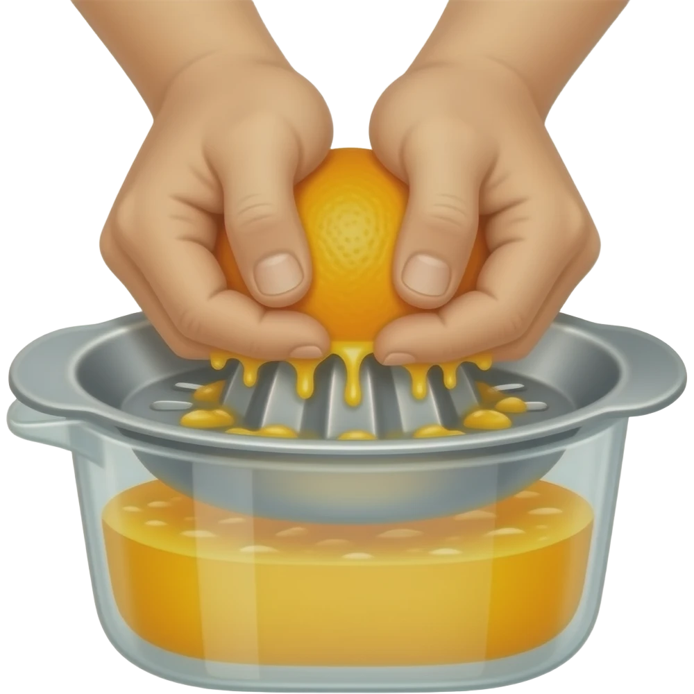 A close-up of hands squeezing half an orange on a manual citrus juicer.  Fresh orange juice is dripping down while the hand presses firmly.  The metal juicer is placed on a container filled with juice and pulp emoji