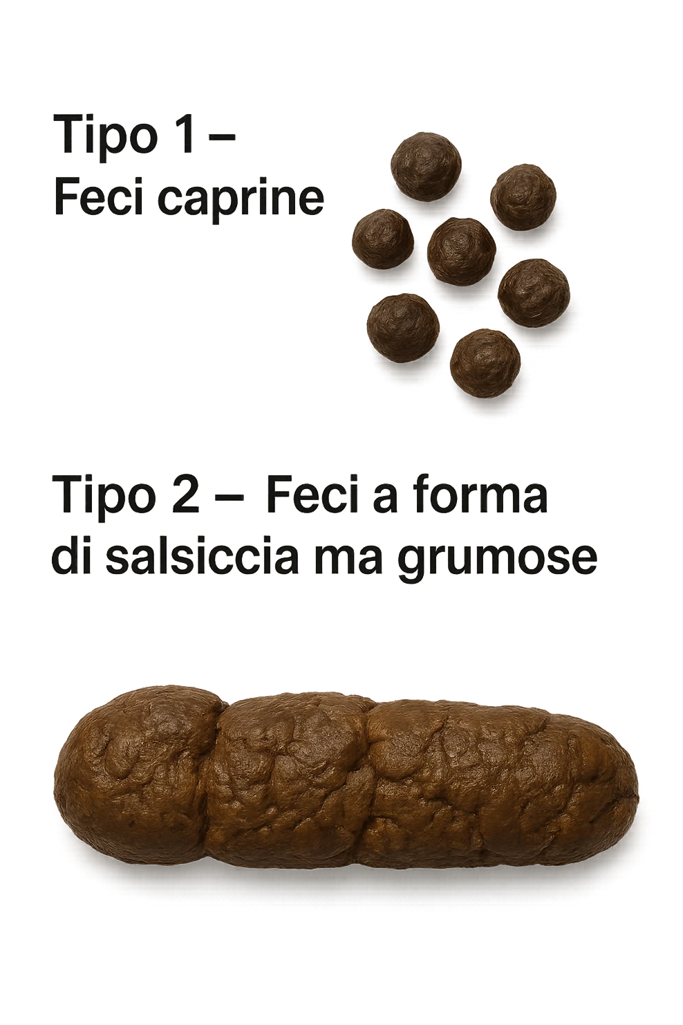 immagine di due tipi di feci iperrealistiche viste dall'alto con descrizione:
Tipo 1 – Feci caprine
Palline dure, separate, simili a noci

Tipo 2 – Feci a forma di salsiccia ma grumose
Massicce e disidratate.
 emoji