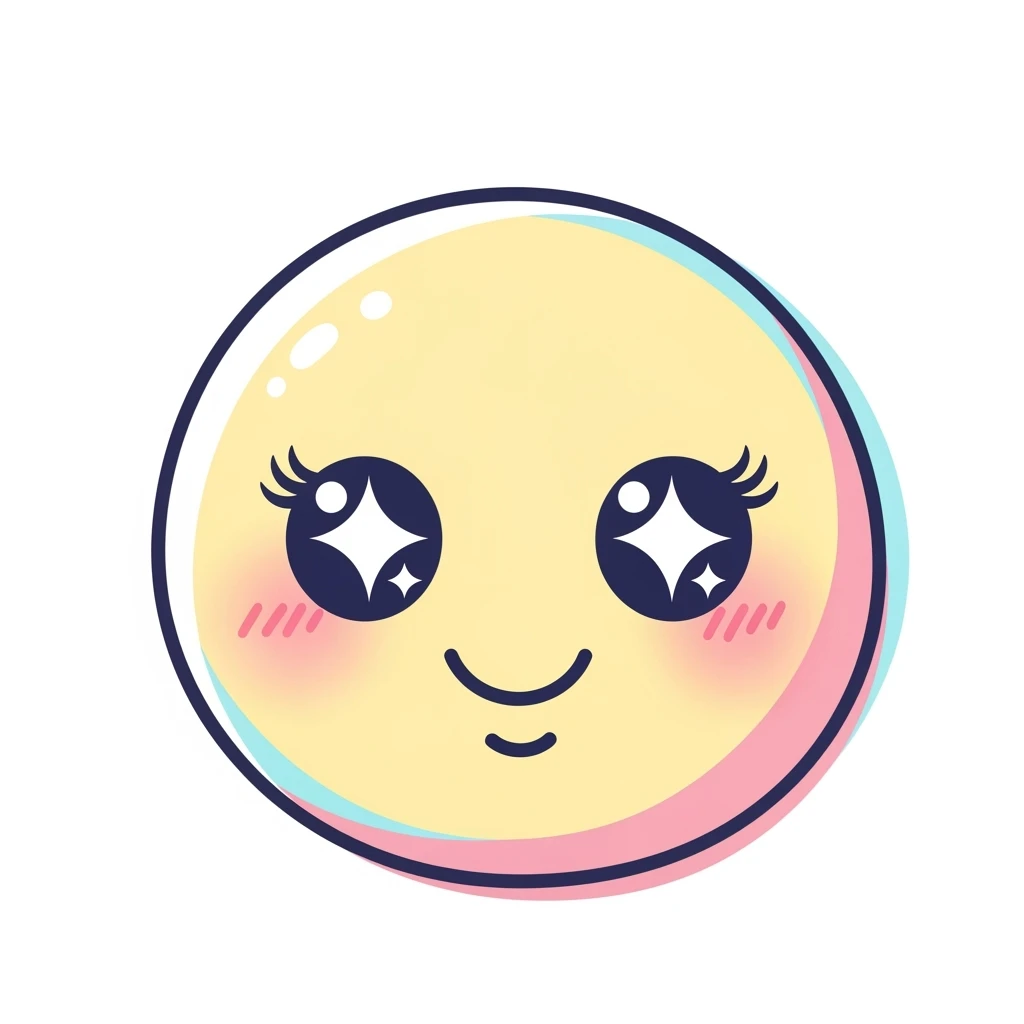 cute emoji, round face, big sparkling eyes, small smile, pastel colors, no background emoji
