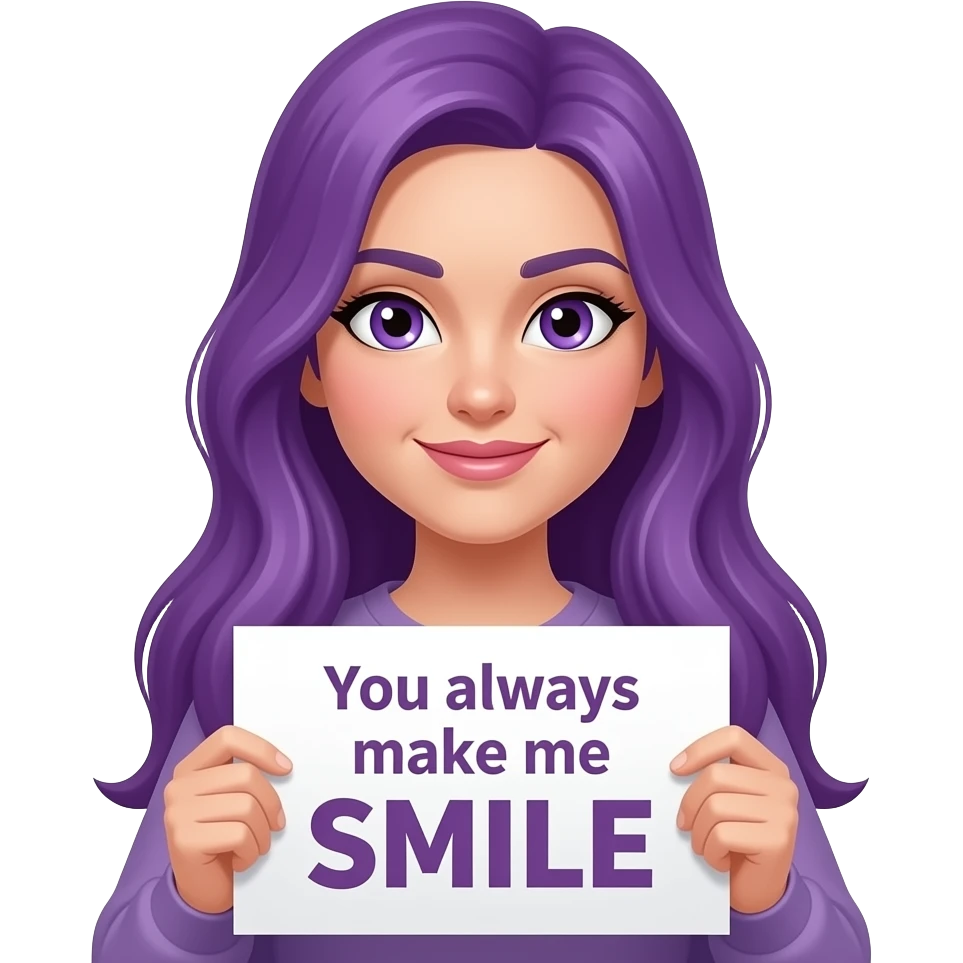 sexy girl with long purple hair and purple eyes holding a You always make me SMILE sign emoji