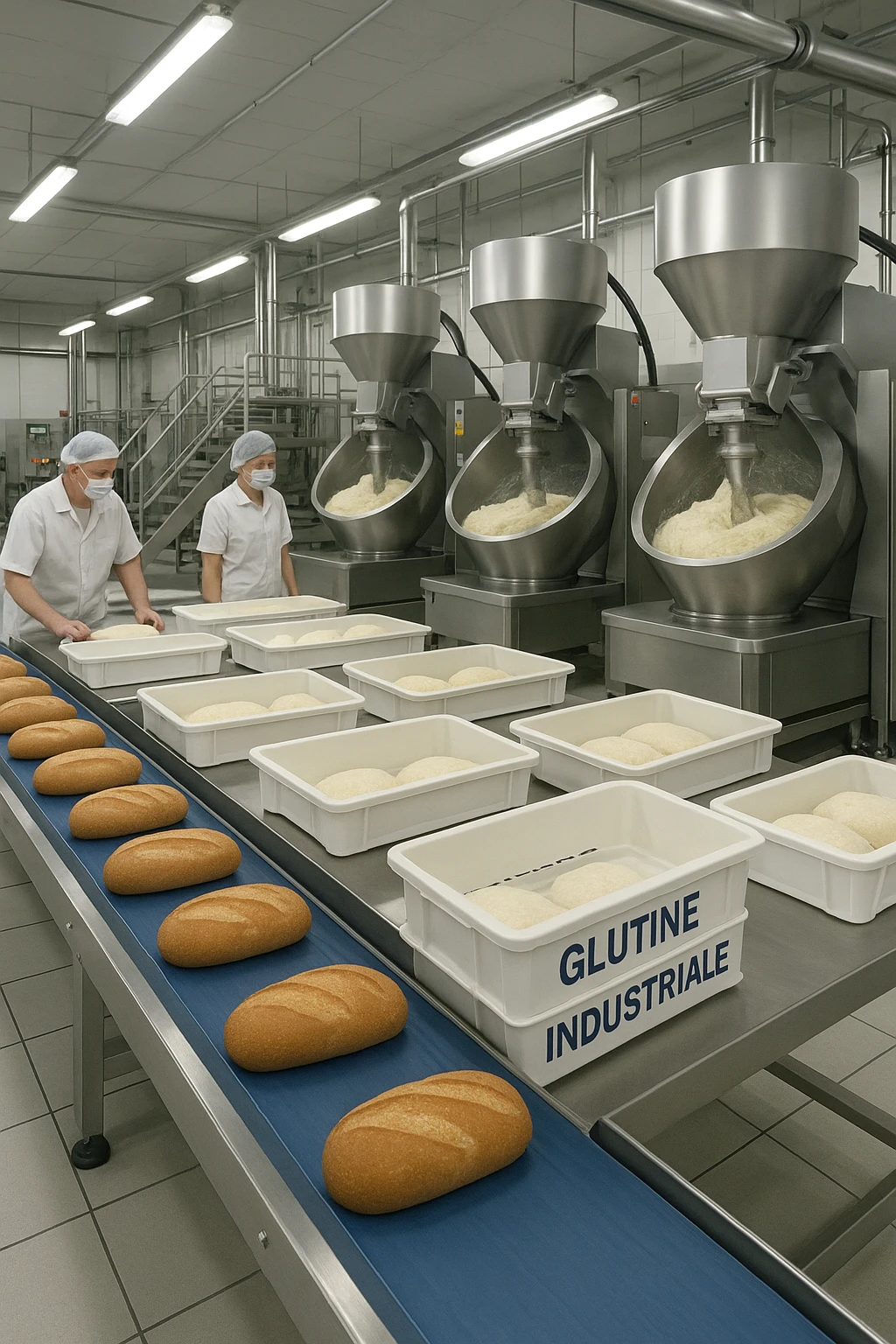a modern food processing factory interior, with large stainless steel machines mixing and kneading dough. In the foreground, a conveyor belt carries loaves of bread and trays of raw gluten, labeled “Glutine industriale” Workers in uniforms and hairnets monitor the process. The atmosphere is clean, efficient, and slightly clinical. emoji