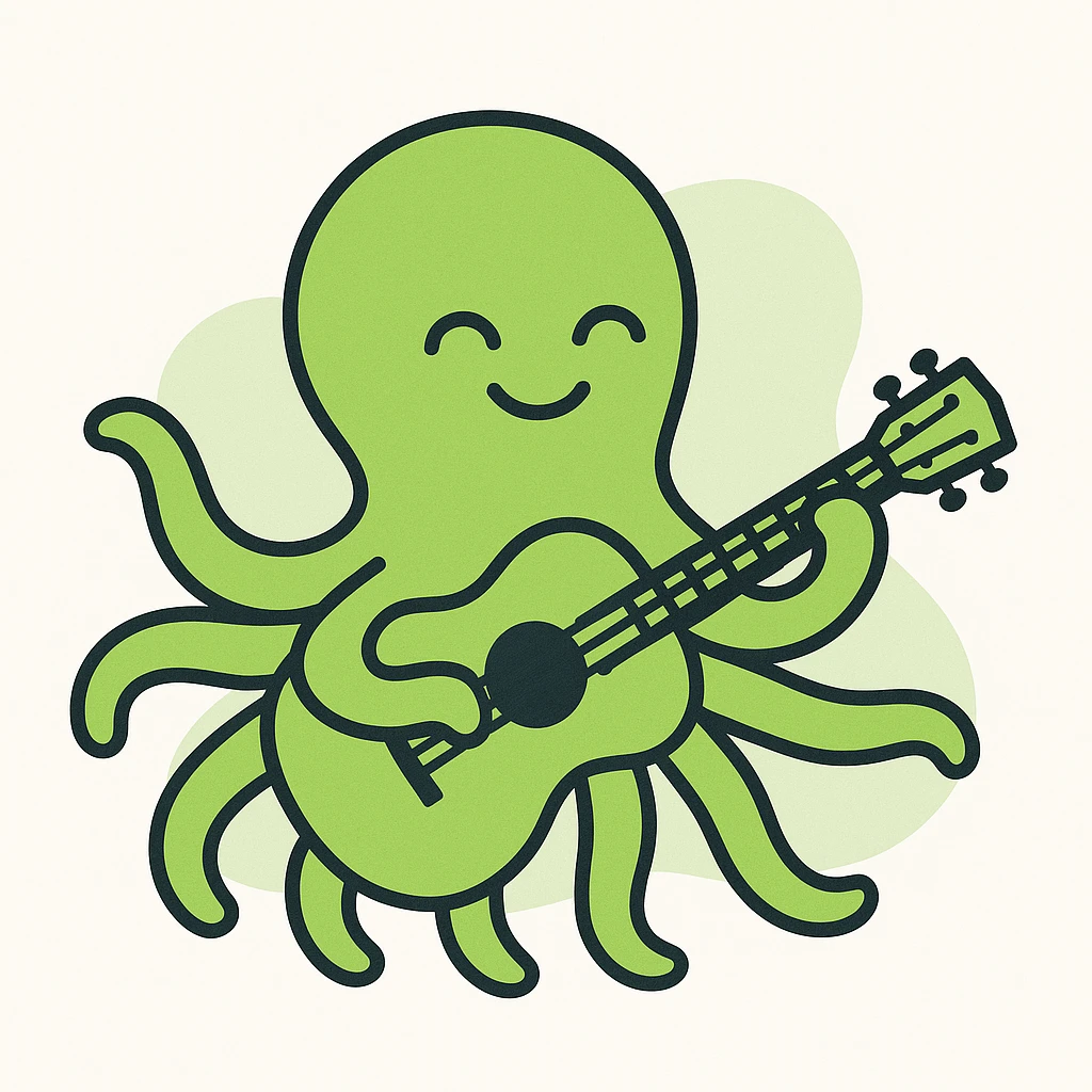 happy octopus with multiple arms playing guitar emoji