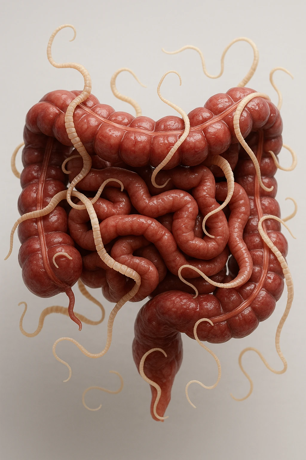 intestino umano anatomico con parassiti tipo la tenia sopra e intorno, sfondo chiaro neutro, iperrealistico 4k emoji