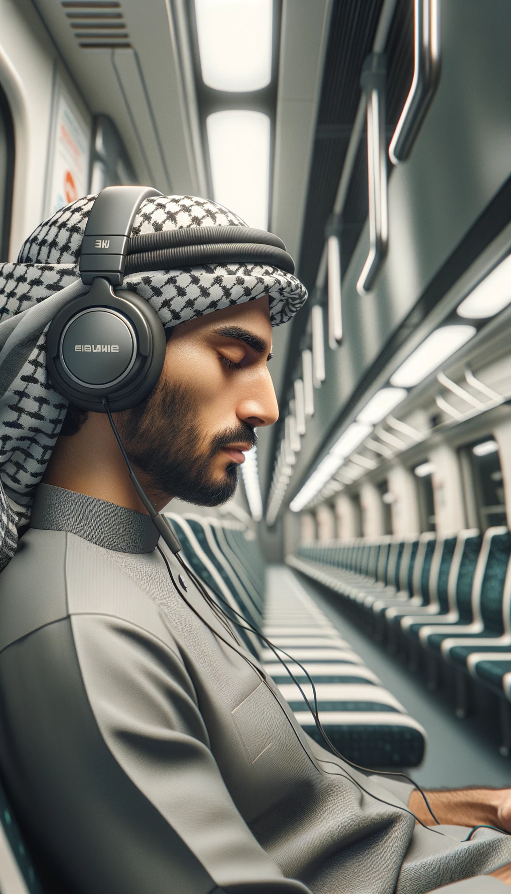 UOMO che ASCOLTA MUSICA CON LE CUFFIETTE NELLE ORECCHIE E GLI OCCHI CHIUSI SEDUTO SUL SEDILE DI UN TRENO, sullo sfondo L'INTERNO DELLA CABINA DI UN TRENO con toni chiari neutri, iperrealistico 4k emoji