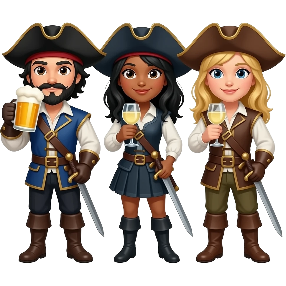 Three musketeers with swords and hats. One guy with black hair, beard and dark brown eyes, one girl with black hair and tanned skin and one girl with blond hair. The guy is drinking beer and the girls white wine. emoji