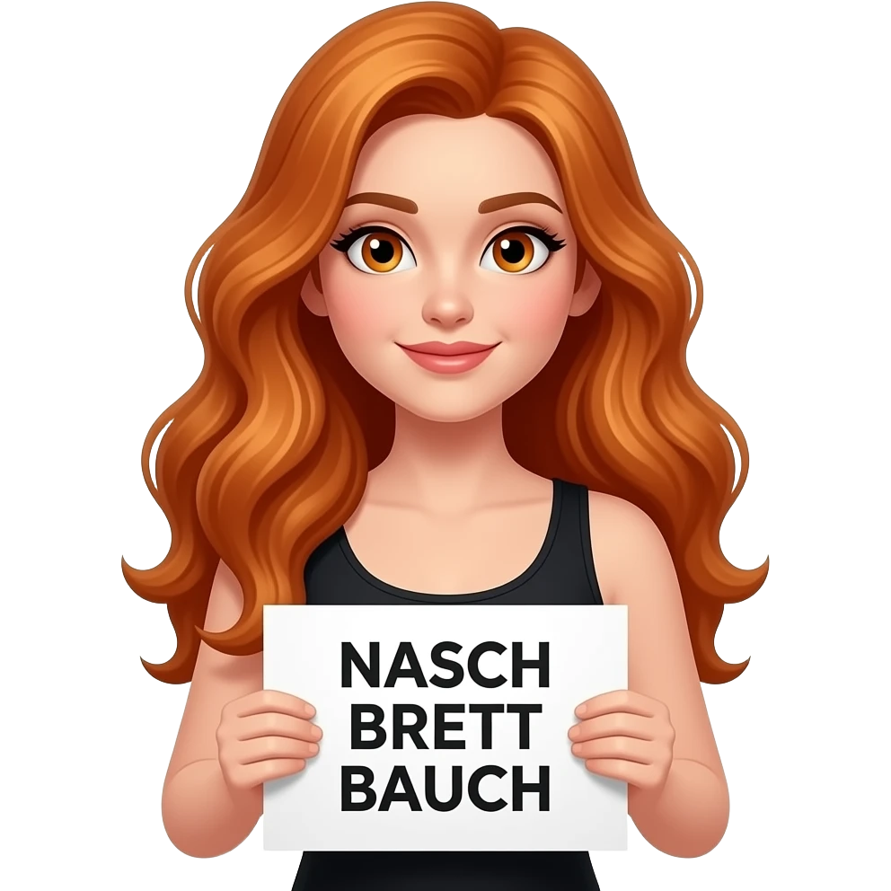 sexy girl with long wavy ginger hair and ginger eyes wearing a black tanktop is holding a white colored sign with NASCH BRETT BAUCH written on it emoji