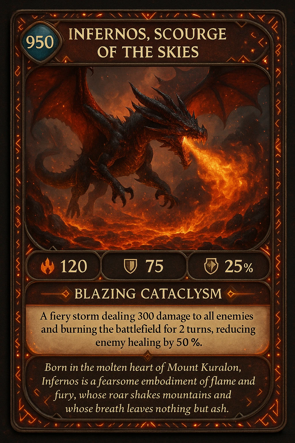 Make an epic role-playing card featuring a legendary fire-breathing dragon named Infernos, Scourge of the Skies. The card should display its stats: 950 HP, 120 fire power, and 75 armor that reduces physical damage by 25%. Highlight its special ability, Blazing Cataclysm—a fiery storm that deals 300 damage to all enemies and burns the battlefield for 2 turns, reducing enemy healing by 50%. The design should be ornate and collectible, with glowing ember accents, ancient dragon runes, and a dramatic illustration of Infernos flying over a scorched battlefield with molten lava and smoke. Add a lore-rich description: “Born in the molten heart of Mount Kuralon, Infernos is a fearsome embodiment of flame and fury, whose roar shakes mountains and whose breath leaves nothing but ash emoji