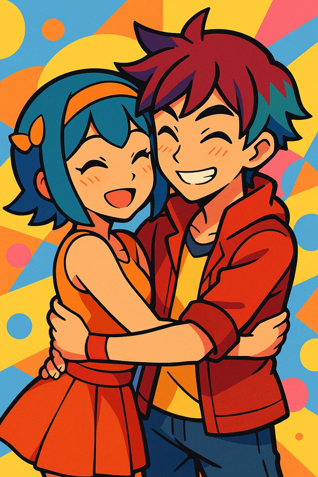 Lana and Kieran as a couple, hugging, in a vibrant anime-inspired style emoji