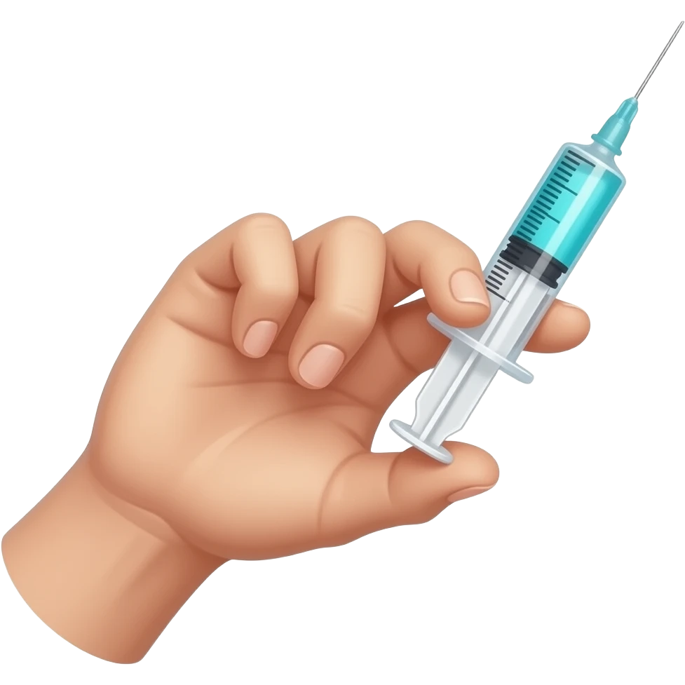A dainty male hand holding a syringe with glowing neon-cyan-blue liquid inside emoji