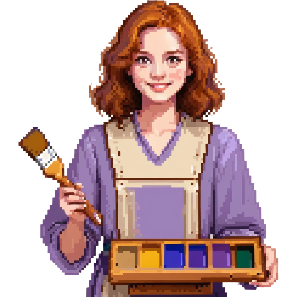 Serene female oil painter, Caucasian features, shoulder-length auburn hair, soft brown eyes, gentle smile, wearing a violet painter’s smock lightly stained with paint over a beige blouse, holding a wooden palette with vibrant colors in one hand and a brush in the other, waist-up, front-facing emoji