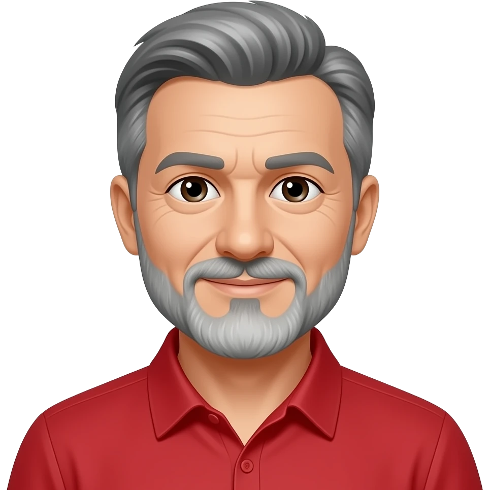 Mid 50’s with gray short hair and gray beard Red shirt  like I don’t know emoji