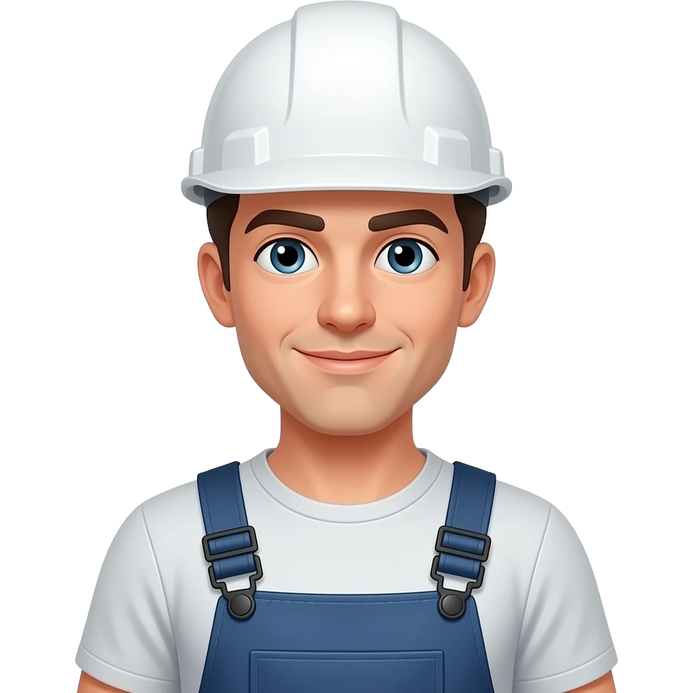 White man, dark hair and eyes. Wearing a full body overalls and a whit safety helmet emoji