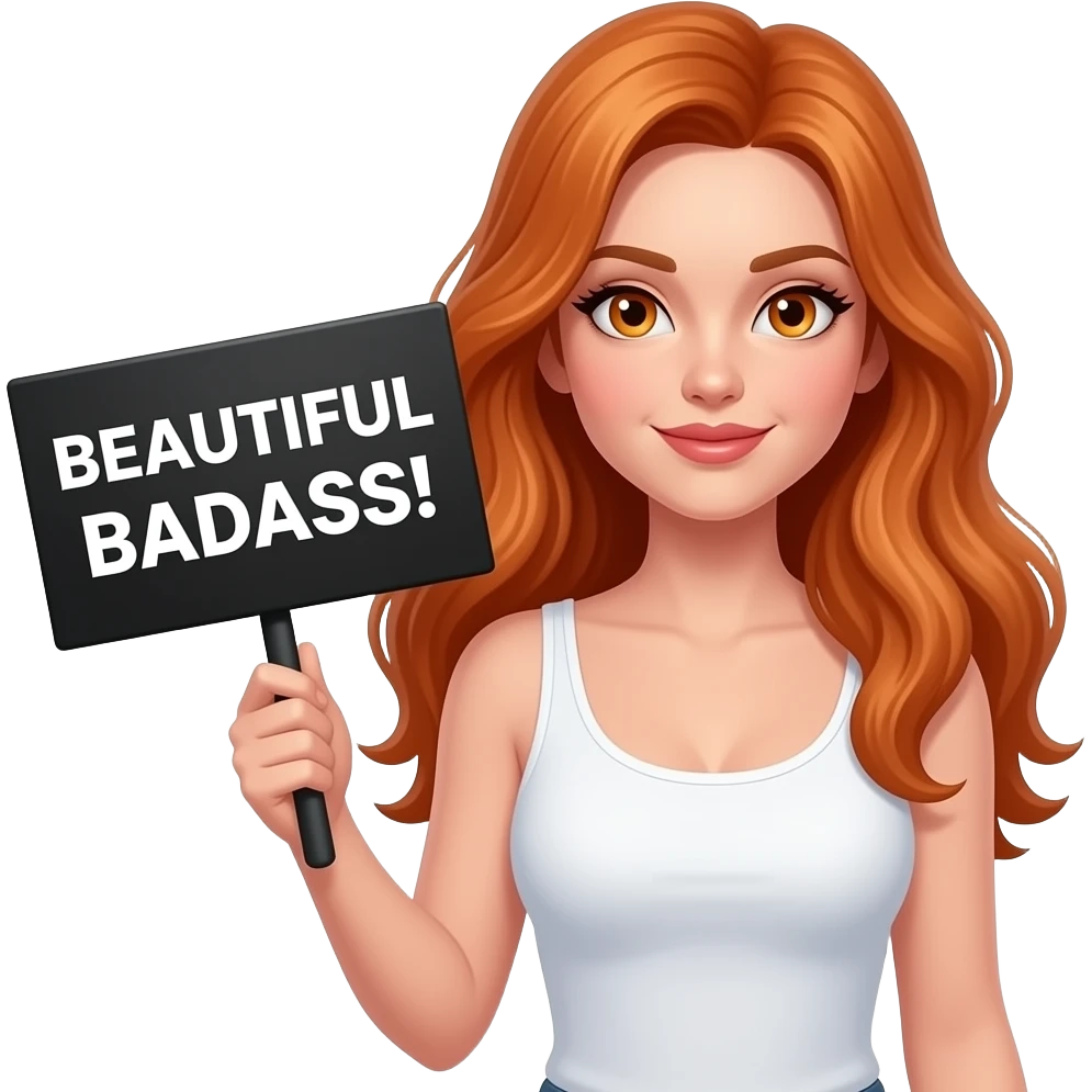 sexy girl with long ginger hair and ginger eyes wearing a white tanktop is holding a black sign with BEAUTIFUL BADASS! written on it emoji