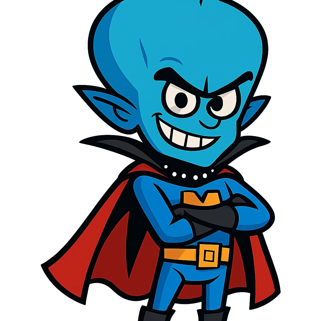 cartoonish blue alien genius with a mischievous grin, large head, superhero outfit emoji