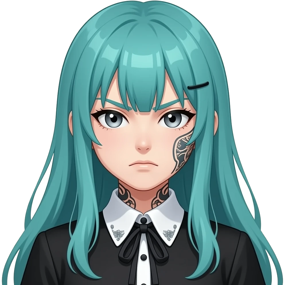 anime girl, scowl, ,face tattoos, long flowing teal hair, grey eyes, black shoulder cyberpunk blouse with fancy white collar emoji