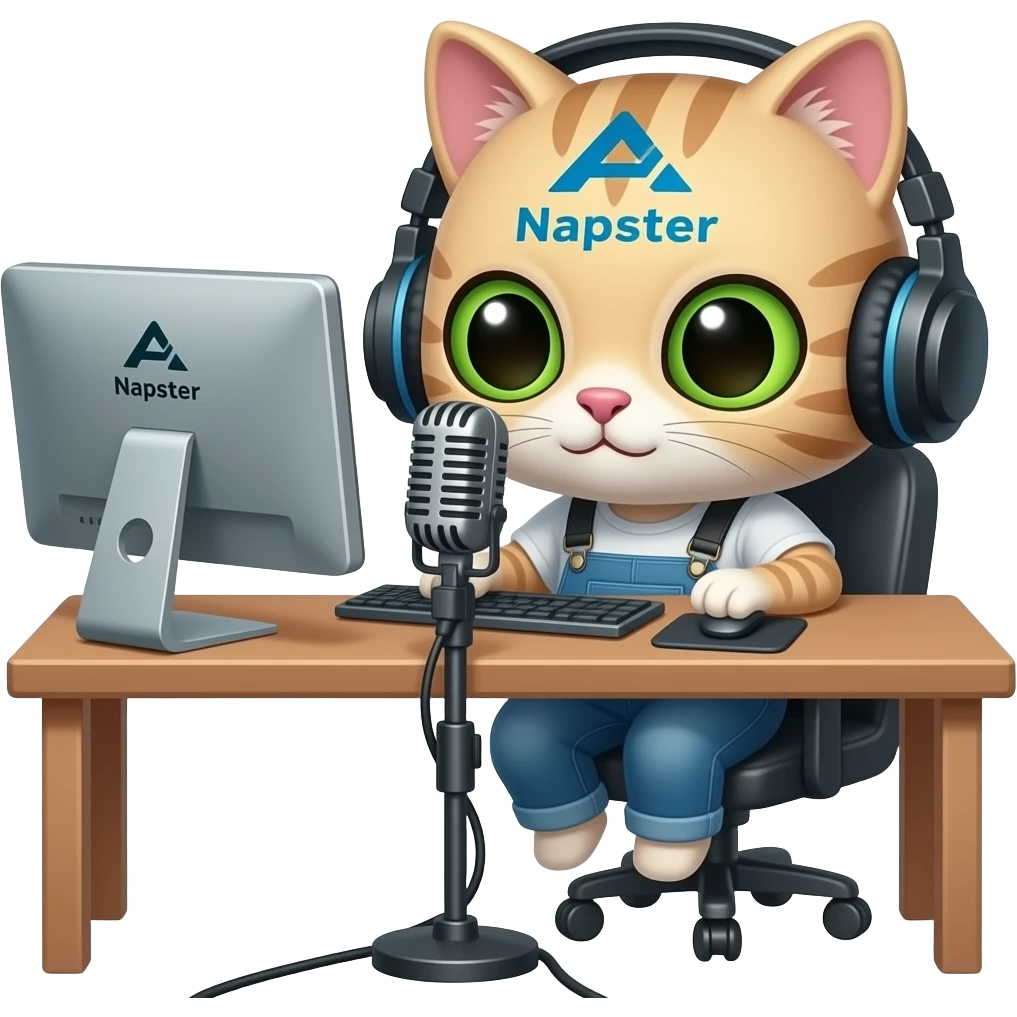 Napster kittyhead logo as the head on a cat podcaster sitting at desk with computer, microphone and headphones emoji