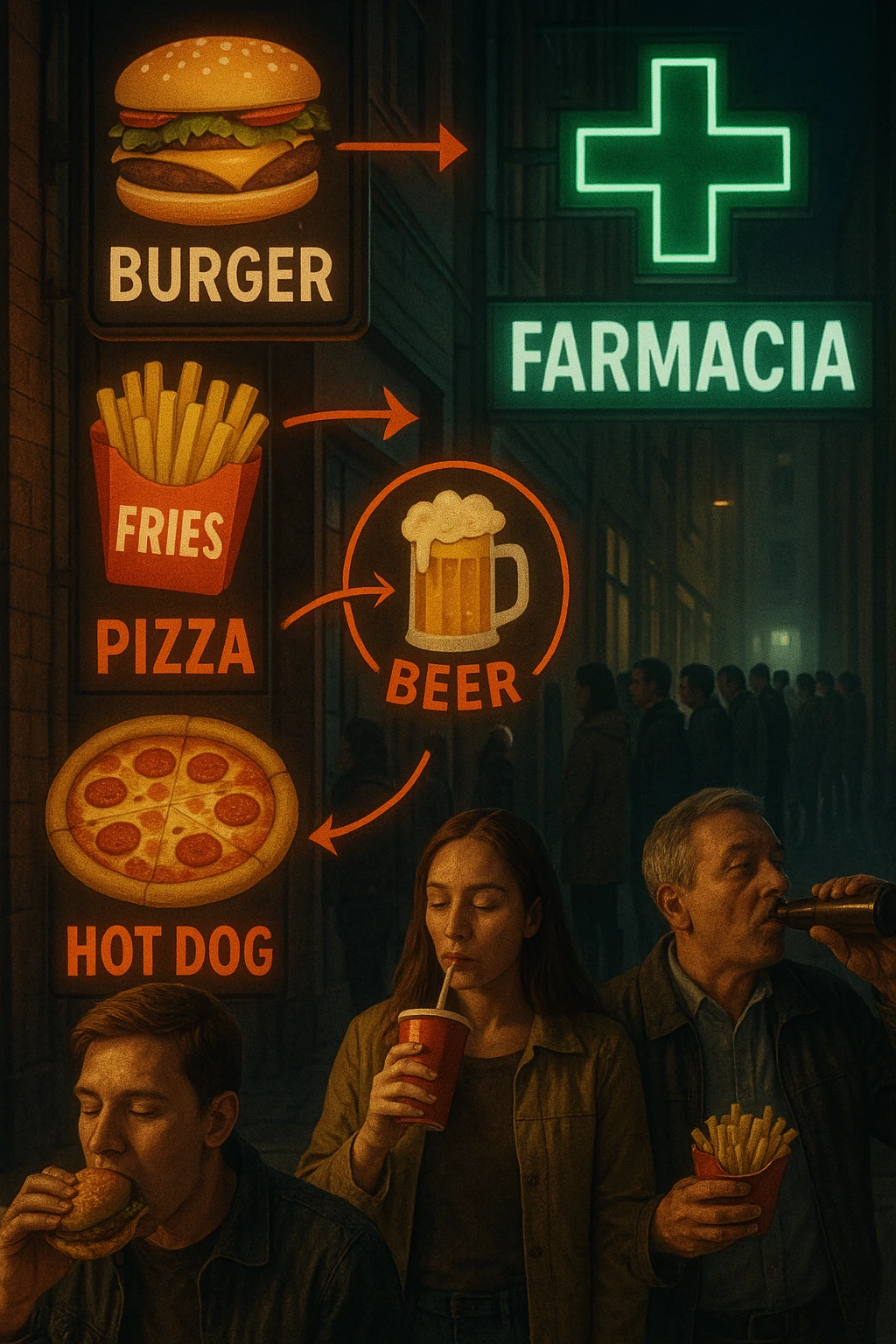 Realistic, vertical scene: a city street filled with bright, enticing advertisements for junk food and alcohol. In the foreground, people indulge in unhealthy foods and drinks, while in the background, a large pharmacy sign glows, and a line of people waits to buy medicine. Subtle arrows or visual cues connect the unhealthy choices to the need for medication, highlighting the cycle. in italiano emoji