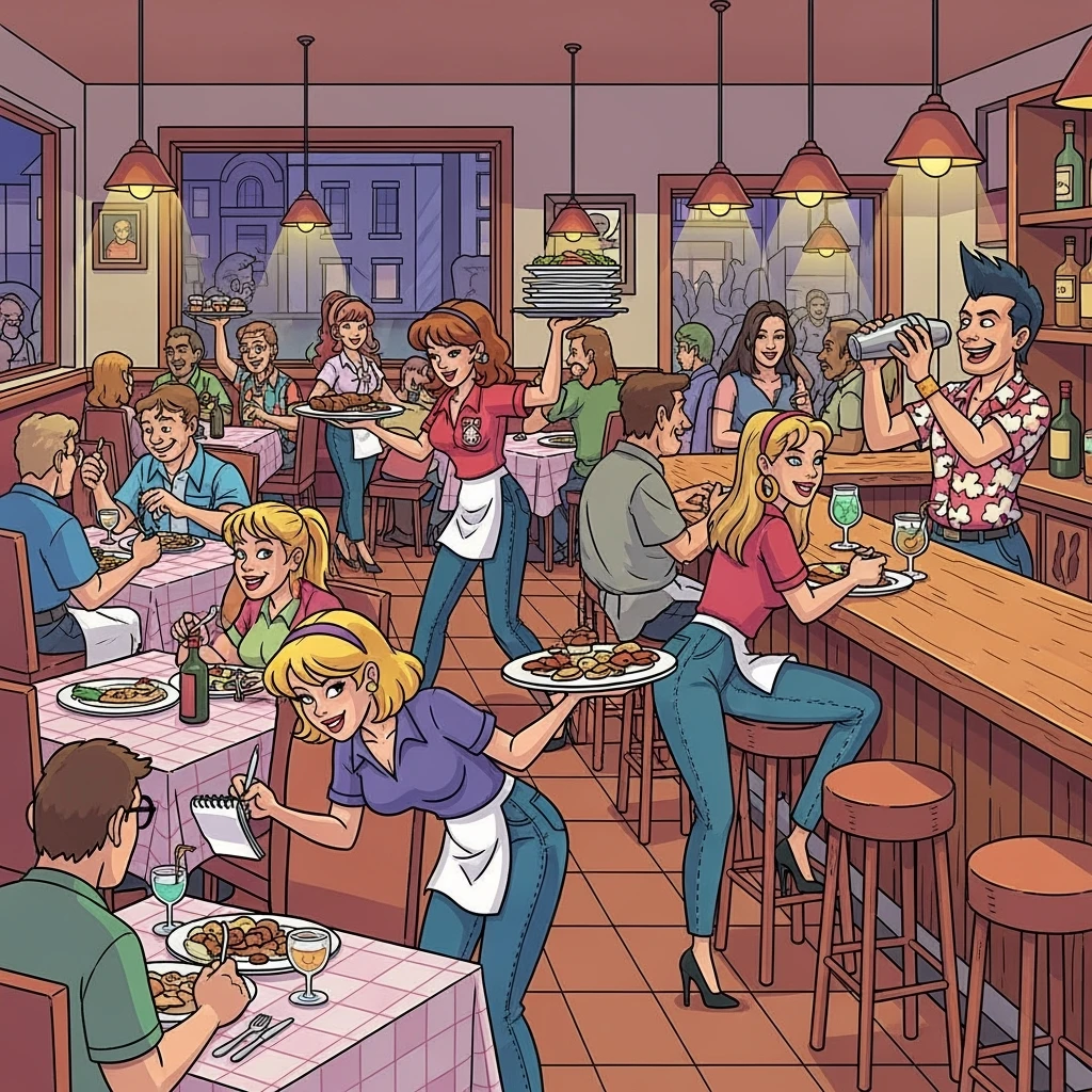 Illustration d'un restaurant avec des clients à table, des serveuses qui prennent les commandes et qui amènent les plats. Un barman sert des cocktails. Ambiance chaleureuse. Style cartoon années 90. emoji