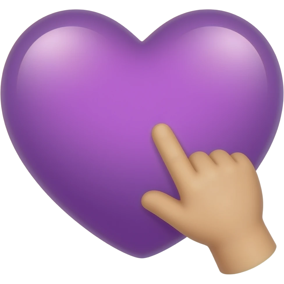 iOS-style emoji: small hand touching a  little glowing purple heart 💜, soft gradients, sparkles, cute and charming, transparent background emoji