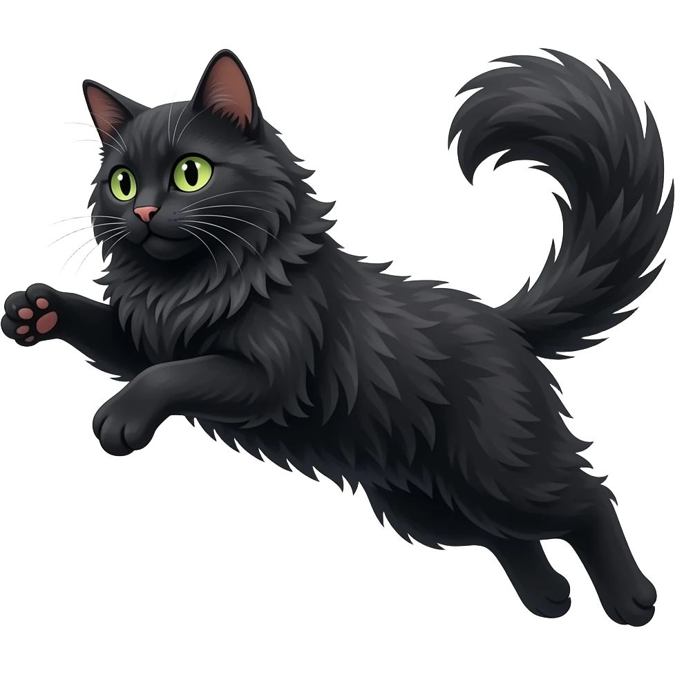 black longhaired cat green eyes jumping emoji