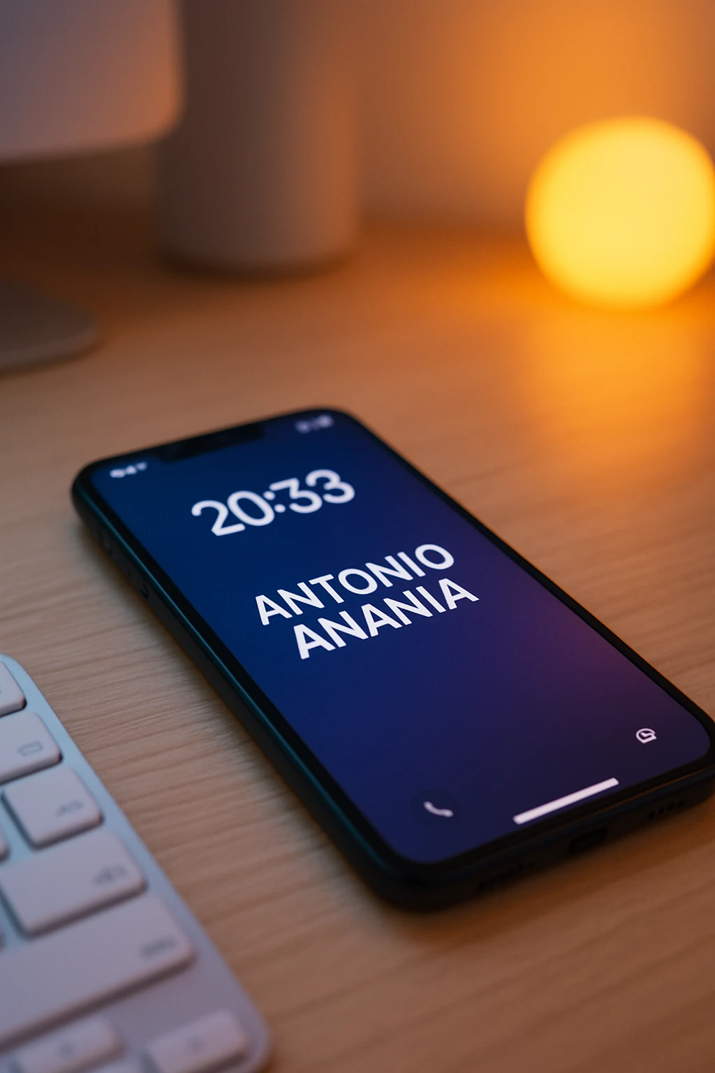 A photo of an iPhone on the desk with the message "Antonio Anania" on its screen, The phone sits atop a desk with a blurred background that suggests work environment. A faint glow from above casts gentle shadows across the surface of each object, creating depth and highlighting their textures emoji