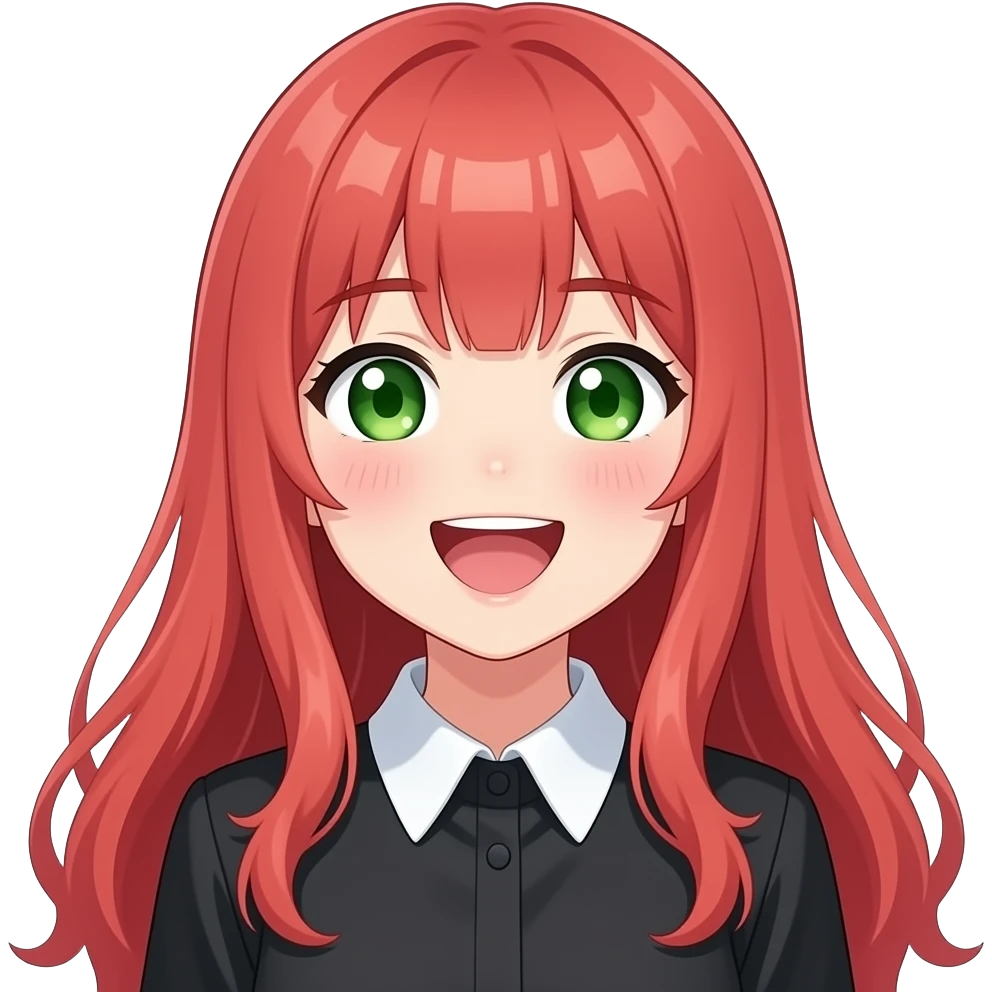 anime girl laughing red hair green eyes black blouse with white collar emoji