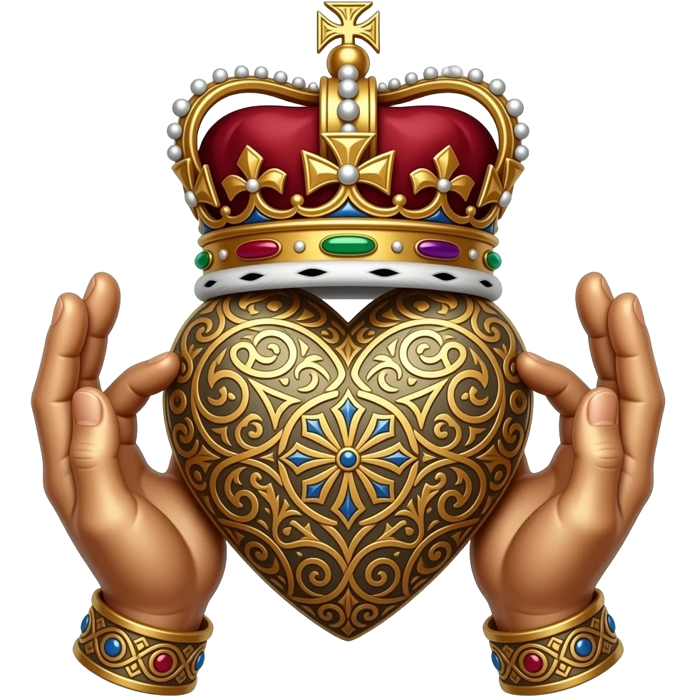 two bronze palms holding with their fingertips a bronze heart richly ornamented with arabesques and a richly decorated royal crown emoji