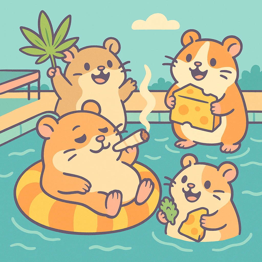 square Discord server icon, hamsters at a pool party with weed, cheese, THC theme, no disco ball, Pastel Toon style, nostalgic, fun, inviting, summer party vibe, pastel colors, playful details, clear composition emoji