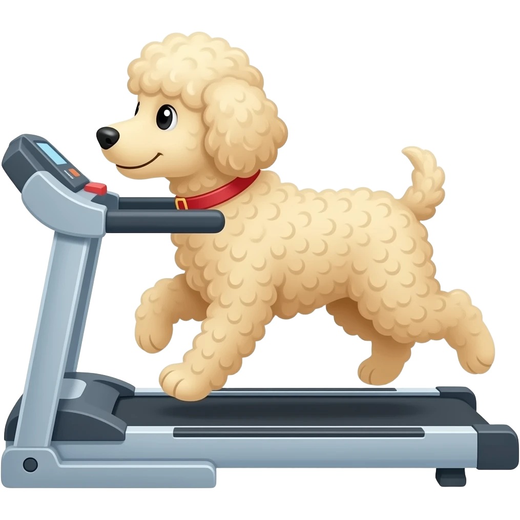 Cream coloured curly haired golden doodle running on a treadmill emoji