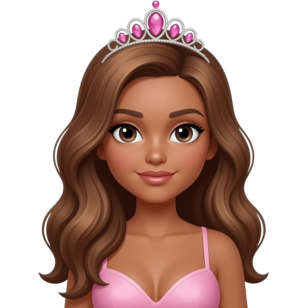 with pink tiara, Dark brown eyebrows,Dark brown skin, Doll shaped face, doll eyes, wavy with side part longer straightened honey brown hair, big breast no bra emoji