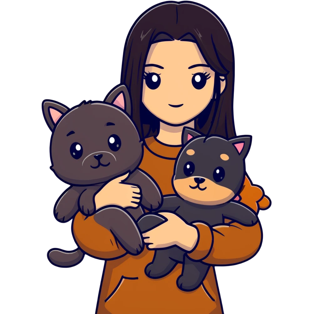 Kendall Jenner with long dark hair holding a brown teddy bear, a black schnauzer and a cow cat in her arms emoji