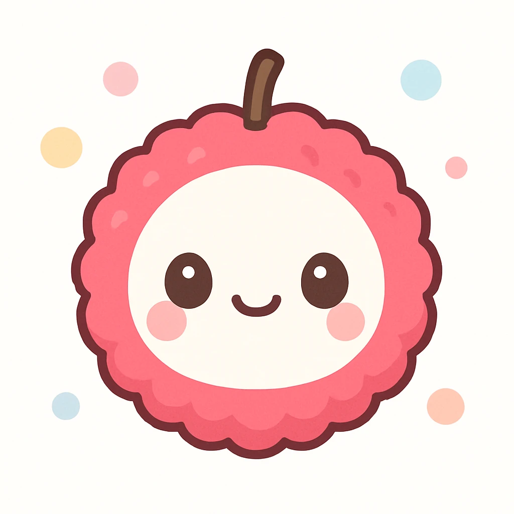 glossy 3D kawaii lychee character, round white face, large shiny eyes, smiling mouth, bright pink bumpy skin, small brown stem, playful colorful plush-toy inspired, soft shading, detailed texture emoji