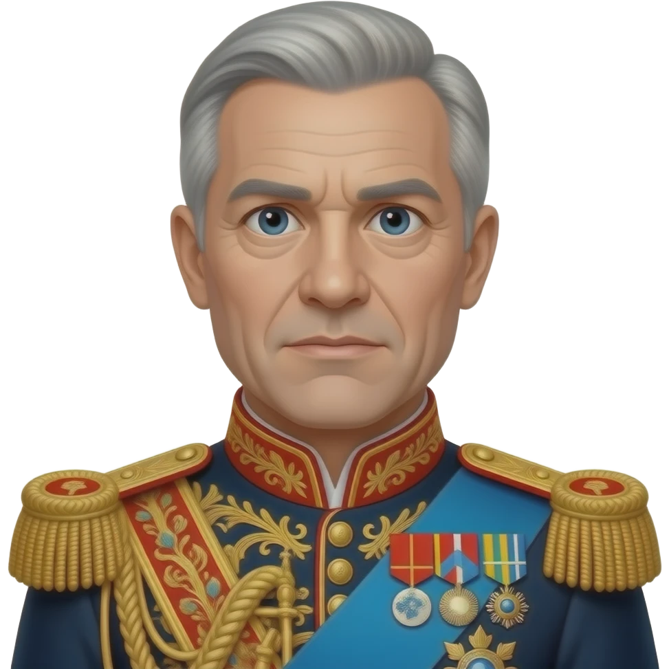 A middle-aged man with a round face, pale skin, and short, light gray hair. He has wide eyes, a slightly serious expression, and a clean-shaven face. He’s dressed in an elaborate, decorated uniform with bright colors and detailed embroidery, giving him a very formal and regal look. emoji